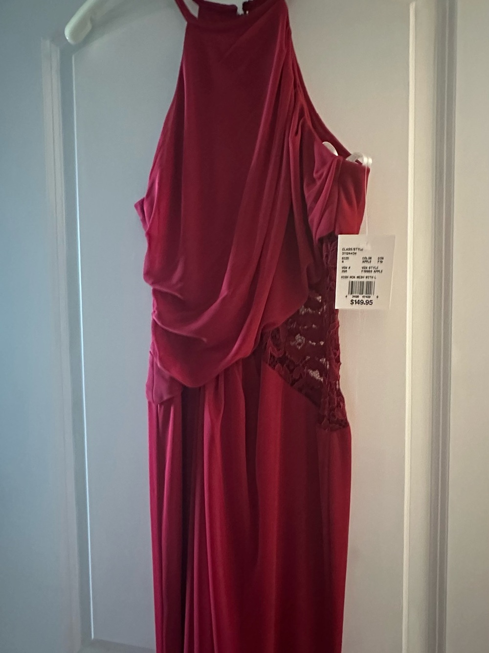 David's Bridal Red Draped Halter Gown with Lace Side Panel